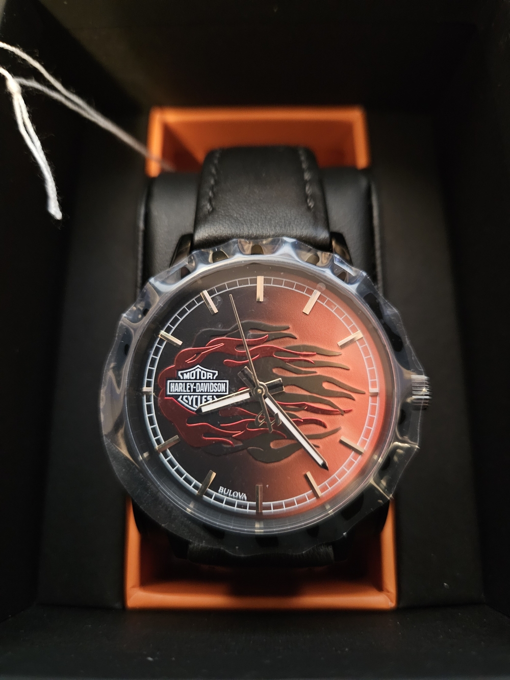 Harley-Davidson Men's Black Leather Watch with Red Flame Dial Accent